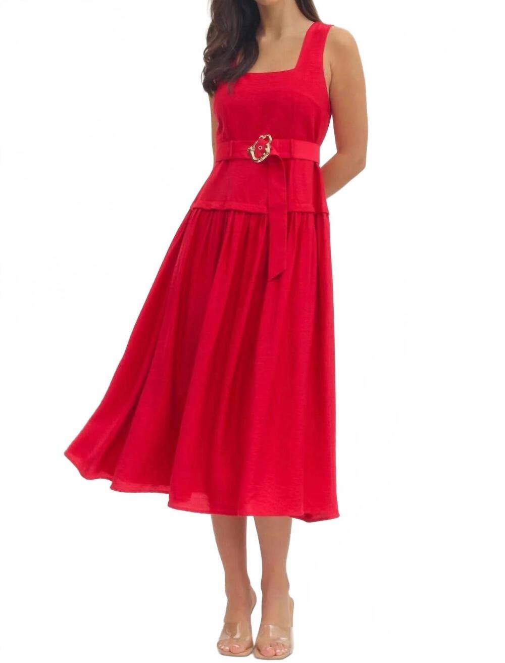 NEW ENTRO gold buckle sleeveless midi dress in red
